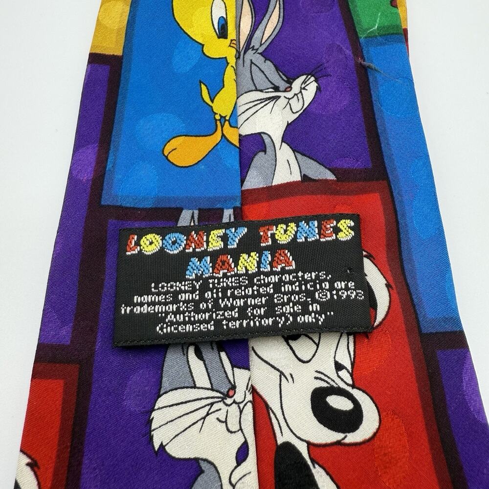 Looney Tunes Tie Silk Colorblock Bugs Bunny, Tasmanian Devil, 90s Y2k Fun Quirky - Picture 4 of 9